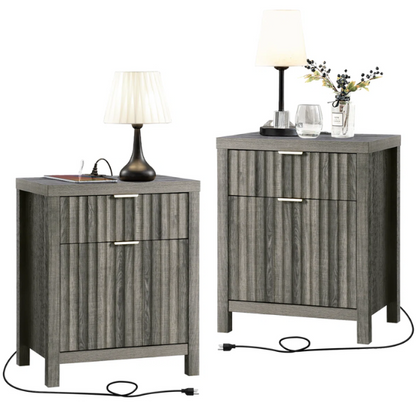 2-Drawer Nightstand with Built-In Outlets – Fluted Panels, Wood Grain Finish, Modern Design, Charging Station with 2 AC Outlets, USB & USB-C Ports, 4.9-Foot Power Cord, Set of 2