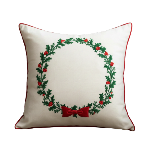 Off-White Holly Wreath with Red Berries and Bow