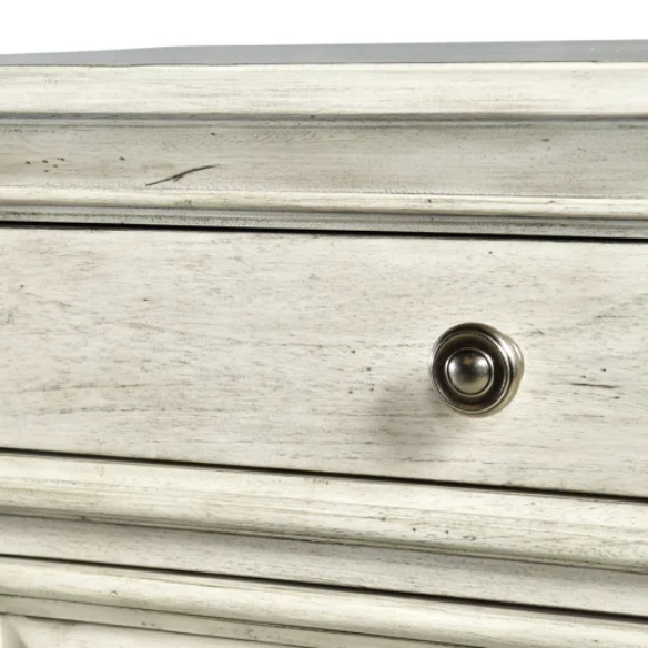 3-Piece Rustic Upholstered Panel Queen Bedroom Set in Driftwood Grey or Rustic Ivory – Includes Nightstand, Double Dresser with Mirror, and Button-Tufted Bed with Nailhead Trim