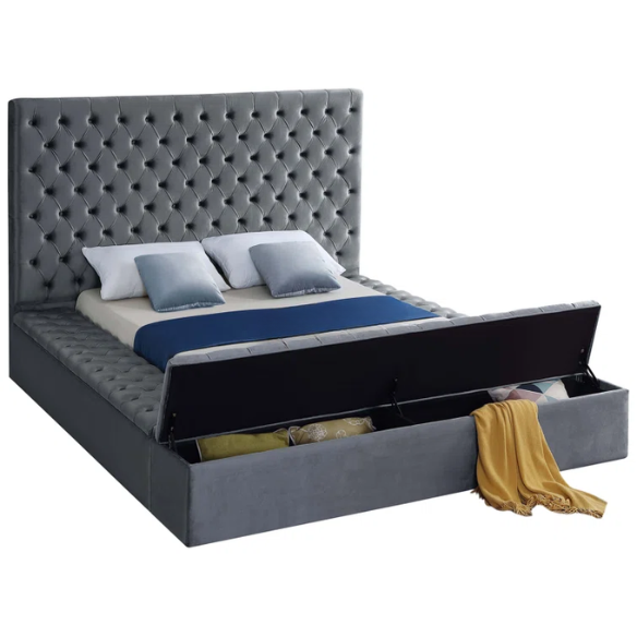 Elegant Velvet Upholstered King Size Platform Storage Bed with Tufted Headboard and Slats