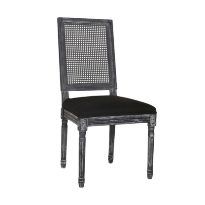 French Country Wood and Cane Upholstered Dining Chairs – Weathered Rubberwood Frame with Fluted Legs & Rectangular Cane Backrest