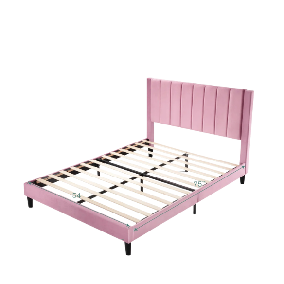 Luxurious Upholstered Platform Bed – Full/Double Size with Velvet Upholstery and Striped Headboard for Elegant Comfort
