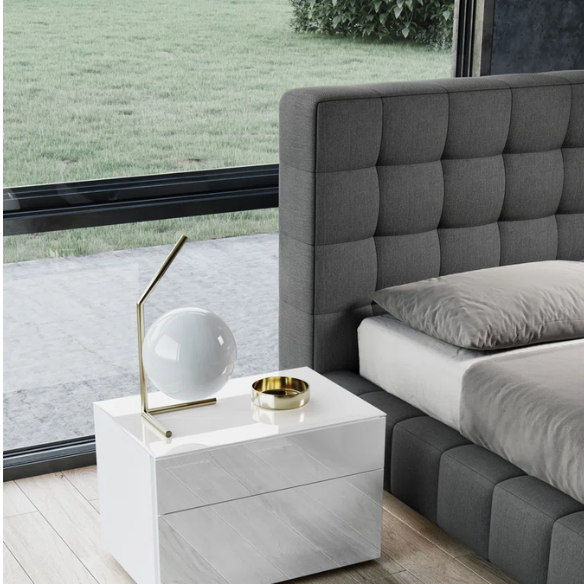 Upholstered Platform Bed with Square-Tufted Headboard, Basketweave Design, and Solid Eucalyptus Wood Frame – No Box Spring Needed