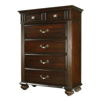 Elegant Traditional 4-Piece Walnut Wood Poster Bedroom Set with Floral Carved Headboard and Fluted Detailing