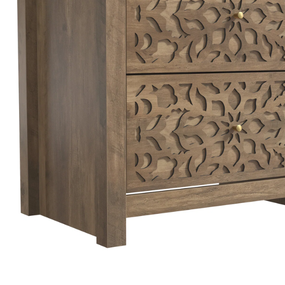 Boho-Inspired 45.4" 6-Drawer Dresser with Distressed Finish and Openwork Floral Details