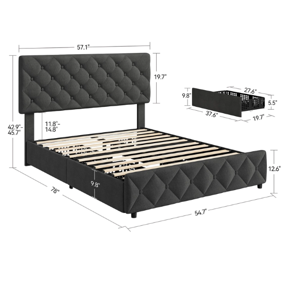 Soft Linen Fabric Upholstered Platform Bed – Double Size with Four Built-In Storage Drawers for Space-Saving & Style