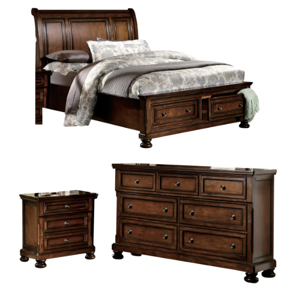 Transitional 3-Piece Queen Platform Bedroom Set with Hidden Storage – Includes Nightstand, Dresser, and Bed with Traditional Bun Feet and Rich Medium Brown Finish