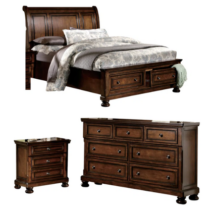 Transitional 3-Piece Queen Platform Bedroom Set with Hidden Storage – Includes Nightstand, Dresser, and Bed with Traditional Bun Feet and Rich Medium Brown Finish