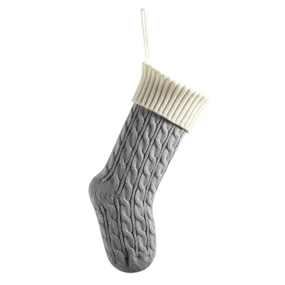 Grey & White Knitted Christmas Stocking – Cable Knit Holiday Gift Bag with Soft Lining