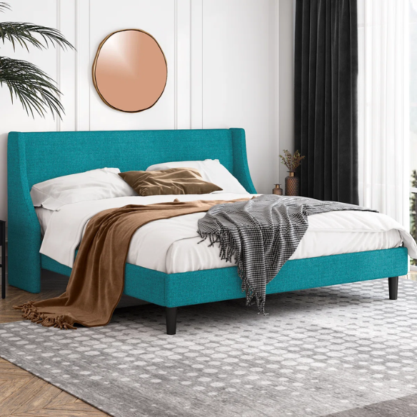 Luxurious King Size Upholstered Platform Bed with Deluxe Wingback Headboard – Soft Velvet and Linen Blend Upholstery, Sturdy Solid Wood Frame, and Modern Minimalist Design for Ultimate Comfort