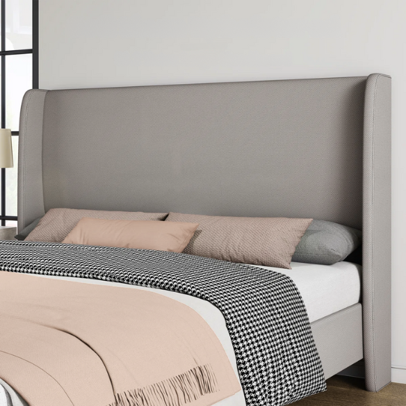 King Size Upholstered Platform Bed with Wingback Design, Foam-Padded Linen Headboard, and Steel Reinforced Frame