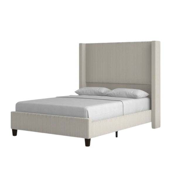 Queen Size Upholstered Wingback Platform Bed in Ribbed Corduroy Fabric