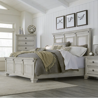 Solid Wood Panel 3-Piece Bedroom Set – Renova Distressed Parchment Wood Panel Bed with Vintage Black Finish, Muted Silver Accents, Fluted Pilasters, and French Bracket Foot Bases – Timeless Traditional Style with Raised Beveled Drawer Fronts