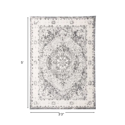 Distressed Oriental-Inspired Indoor Rug – Gray, Silver & Ivory Medallion Pattern, Stain-Resistant, Fade-Resistant, Perfect for Traditional & French Country Décor