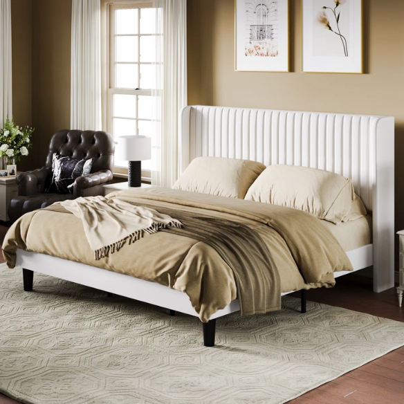 Luxurious King Size Upholstered Velvet Platform Bed with Modern Wingback Headboard – Heavy-Duty Steel Frame, No Box Spring Needed, and Ample Under-Bed Storage