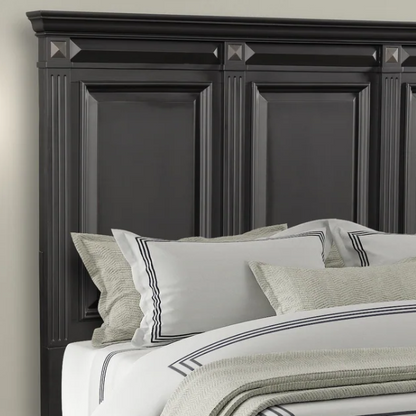 4-Piece Vintage Black Wood Panel Bedroom Set with Distressed Parchment Finish – Traditional Elegance with Silver Accents, Beveled Drawer Fronts, and Brass Rosette Knob Hardware