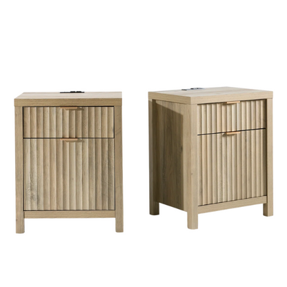 2-Drawer Nightstand with Built-In Outlets – Fluted Panels, Wood Grain Finish, Modern Design, Charging Station with 2 AC Outlets, USB & USB-C Ports, 4.9-Foot Power Cord, Set of 2
