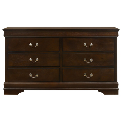 5-Piece Bedroom Set – Traditional Style with Flared Headboard, Dovetail Construction, Silver Bail Handles, and Spacious Storage – Crafted from Select Hardwoods and Veneers in a Warm Cappuccino Finish – Includes Bed, Nightstand, Dresser, Chest, and Mirror