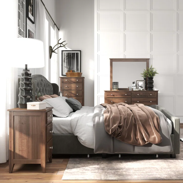 Luxurious King Size Velvet Upholstered Platform Bed with Tufted Camelback Headboard, Nailhead Trim, and 4 Built-In Storage Drawers – Stylish and Functional Bedroom Upgrade