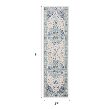 Distressed Oriental-Inspired Indoor Rug – Blue, Yellow & Cream Medallion Pattern, Stain-Resistant, Fade-Resistant, Perfect for Traditional & French Country Décor