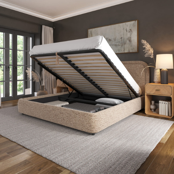 Premium Upholstered Aurora Lift-Up Storage Bed with Elegant Boucle Performance Fabric, Plush Foam-Padded Headboard, and Spacious Under-Bed Storage for a Clutter-Free Bedroom