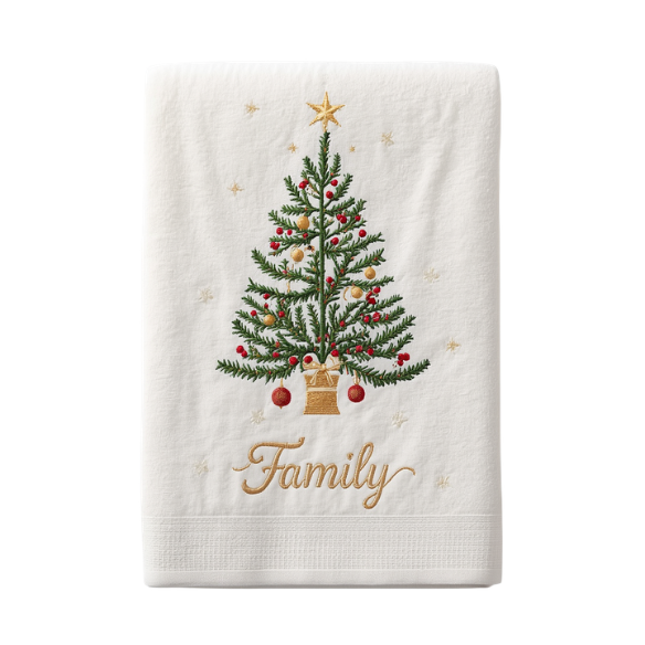 Family Christmas Tree Embroidered Tea Towel Off-white Cotton Tea Towel