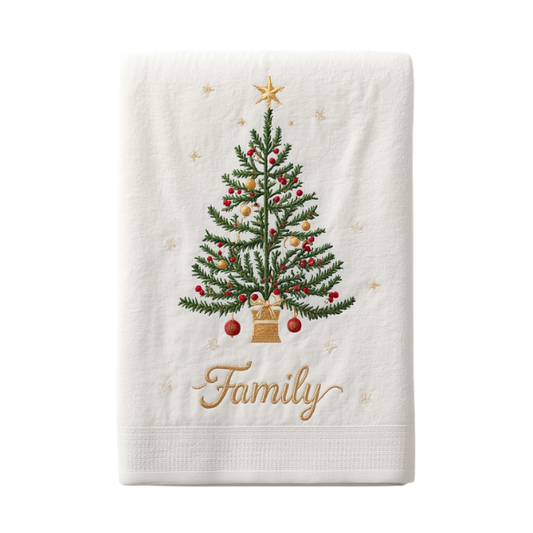 Family Christmas Tree Embroidered Tea Towel Off-white Cotton Tea Towel