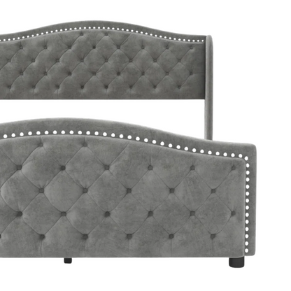 Luxurious King Size Velvet Upholstered Platform Bed with Tufted Camelback Headboard, Nailhead Trim, and 4 Built-In Storage Drawers – Stylish and Functional Bedroom Upgrade