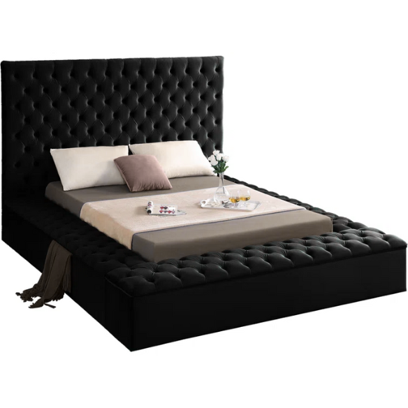 Elegant Velvet Upholstered King Size Platform Storage Bed with Tufted Headboard and Slats