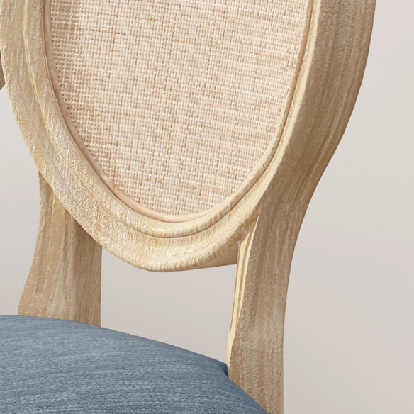Light Denim Blue Upholstered Dining Chairs with Wicker Back and Natural Wood Frame (Set of 2) – French Country Farmhouse Accent Seating