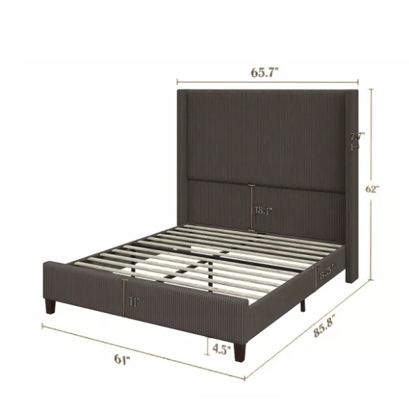 Queen Size Upholstered Wingback Platform Bed in Ribbed Corduroy Fabric