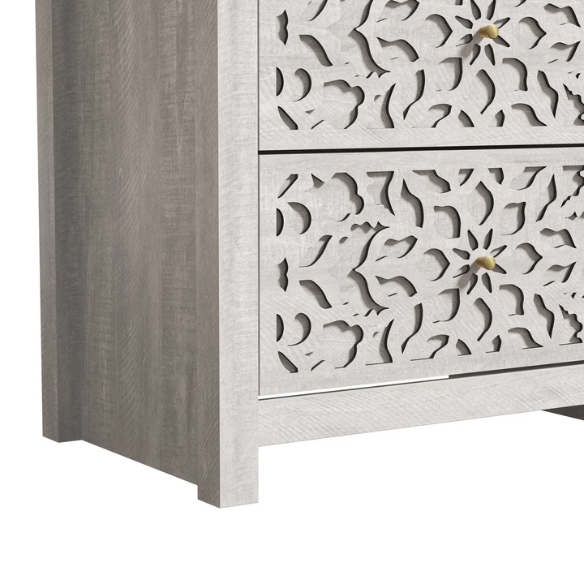 Boho-Inspired 45.4" 6-Drawer Dresser with Distressed Finish and Openwork Floral Details
