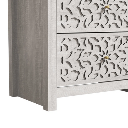 Boho-Inspired 45.4" 6-Drawer Dresser with Distressed Finish and Openwork Floral Details
