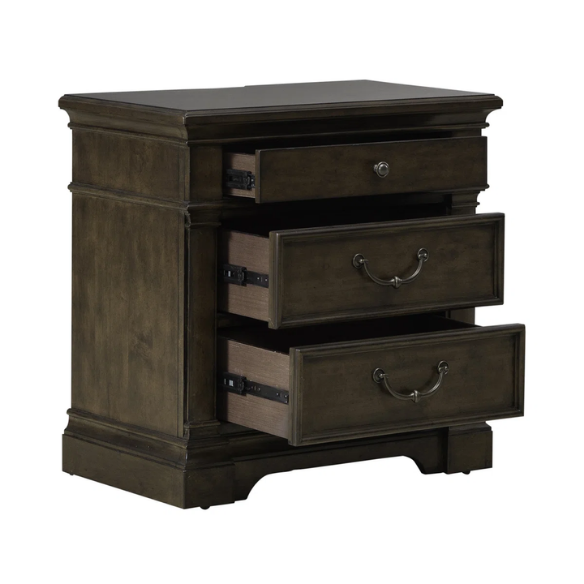 Classic Legacy Queen Bedroom Set – Bed, Dresser, Mirror, and Nightstand in Satin Cherry with Rustic Alder Veneers and Antique Brass Accents