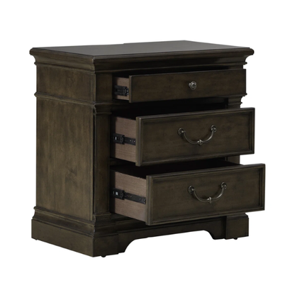 Classic Legacy Queen Bedroom Set – Bed, Dresser, Mirror, and Nightstand in Satin Cherry with Rustic Alder Veneers and Antique Brass Accents