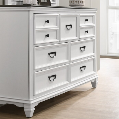 Modern Farmhouse 5-Piece Wood Bedroom Set with Shiplap Detailing, Weathered White Finish, and Black Finished Hardware