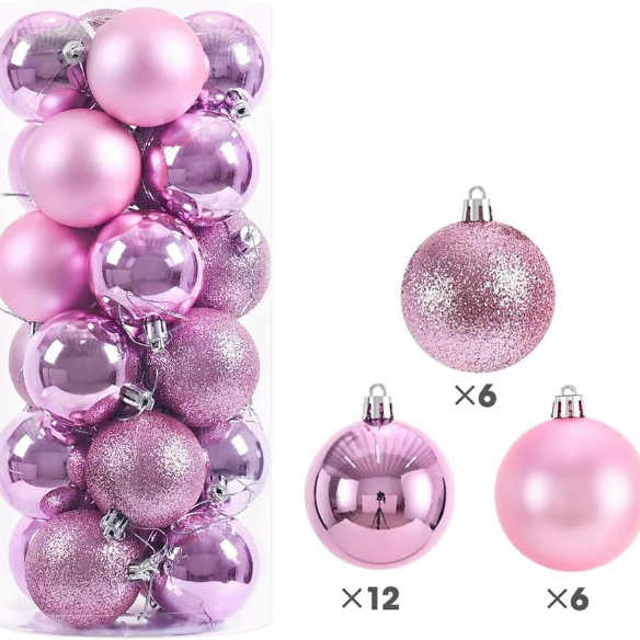 Pink Christmas Ball Ornaments – 24-Piece Set, Shatterproof Holiday Decorations (Available in 3 cm, 4 cm, and 6 cm)