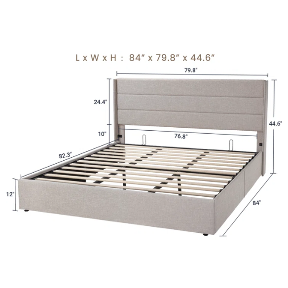 Modern King Size Upholstered Platform Bed with Hydraulic Lift Storage – Sleek Grooved Headboard, Space-Saving Design, and No Box Spring Needed