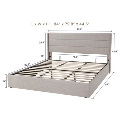 Modern King Size Upholstered Platform Bed with Hydraulic Lift Storage – Sleek Grooved Headboard, Space-Saving Design, and No Box Spring Needed