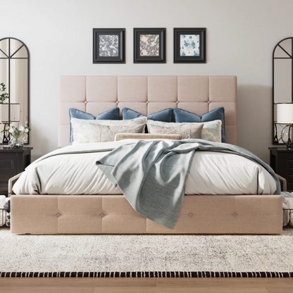 Queen Size Upholstered Platform Storage Bed with Tufted Button Accent Design