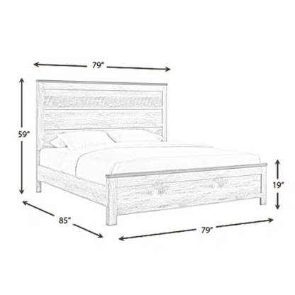 Coastal Farmhouse-Inspired King Size Bedroom Set: Distressed Whitewash Finish with Natural Brown Accents – Includes Platform Bed, 2-Drawer Nightstand, 7-Drawer Dresser with Mirror, and Optional 5-Drawer Chest for Complete Storage Solution