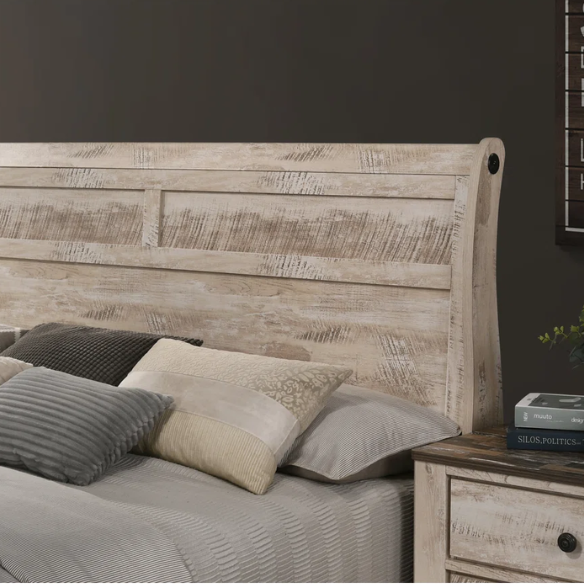 Shabby Elegance 5-Piece Sleigh Queen Bedroom Set – Vintage White-Washed Finish, Designer Antique Metal Pulls, and Spacious Drawers with Felt-Lined Top Drawers