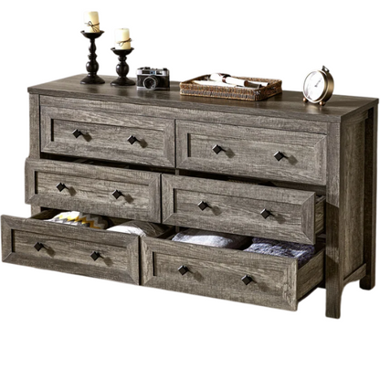 6-Drawer Dresser – A Perfect Blend of Rustic Charm and Industrial Elegance, Featuring a Clean-Lined Silhouette and Weathered Finish. Crafted from Solid and Engineered Wood