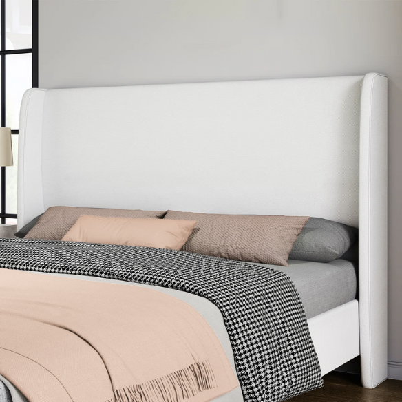 King Size Upholstered Platform Bed with Wingback Design, Foam-Padded Linen Headboard, and Steel Reinforced Frame