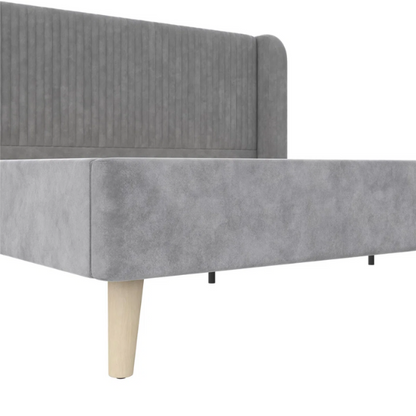 King Size Upholstered Wingback Platform Bed – Luxe Velvet Headboard with Vertical Tufting, Mid-Century Modern Design, and Space-Saving Wooden Frame