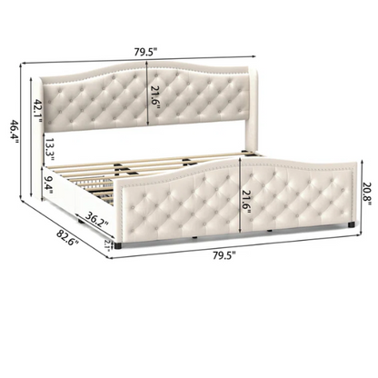 Luxurious King Size Velvet Upholstered Platform Bed with Tufted Camelback Headboard, Nailhead Trim, and 4 Built-In Storage Drawers – Stylish and Functional Bedroom Upgrade