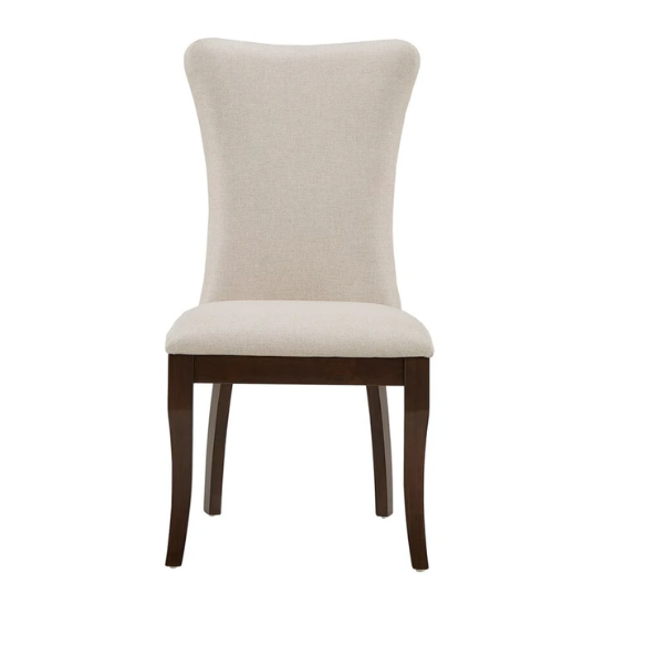 Beige Wingback Upholstered Dining Chairs – Set of 2, Nailhead Trim & Dark Cherry Legs