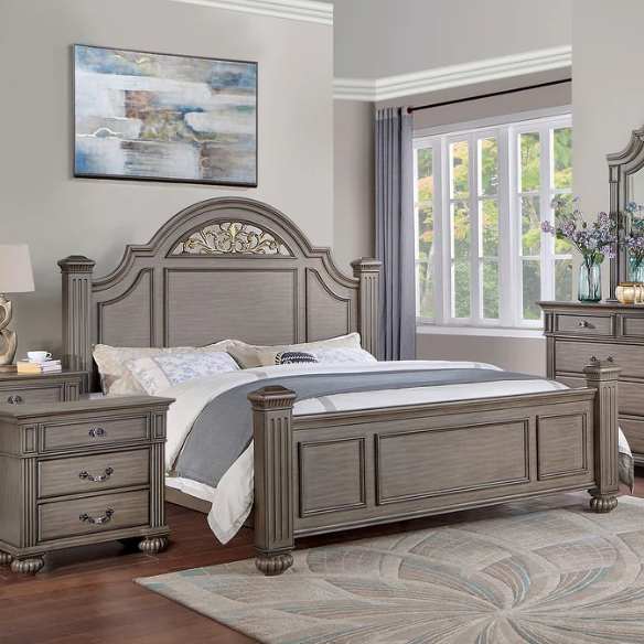 Traditional Wood 3-Piece Poster Bedroom Set with USB Chargers – Elegant Beaded Trim, Reeded Posts, and Felt-Lined Drawers