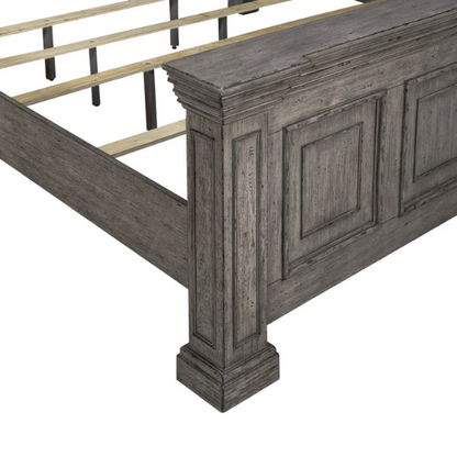4-Piece Panel Bed, Dresser, Mirror & Nightstand Set with Antique Pewter Accents and Charging Station – Distressed Whitestone Finish, Rubberwood Solids, and Architectural Det