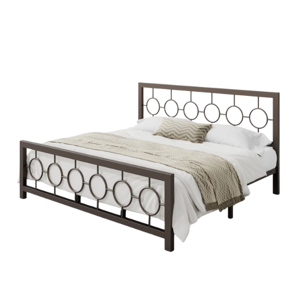 Modern King Size Metal Open-Frame Platform Bed with Art Deco-Inspired Circle Medallion Details – Sleek, Clean-Lined Design with Sturdy Metal Frame and Minimalist Aesthetic